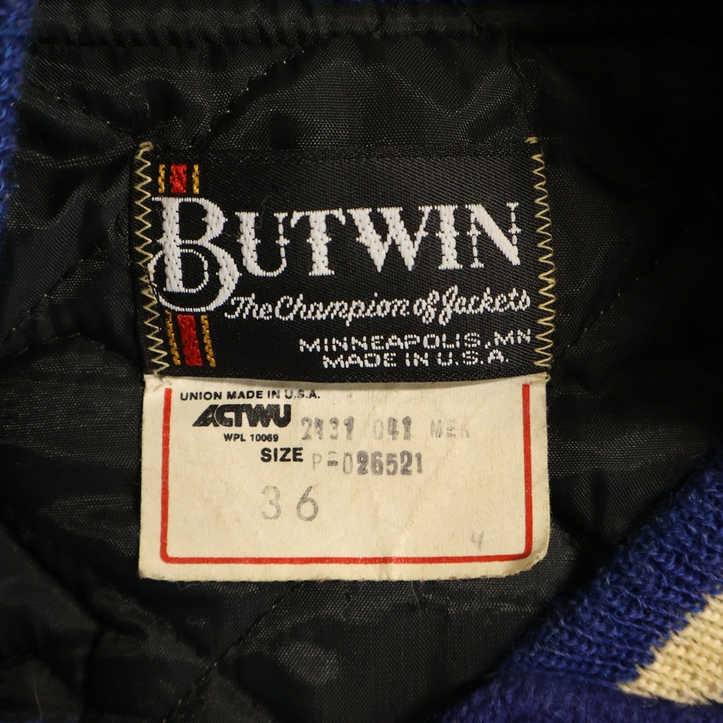 VINTAGE(ヴィンテージ) 80S BUTWIN バトウィン 日本製 袖レザードッキング パッチデザイン 裏地キルティング ボタン スタジャン ブルゾン ブルー/ホワイト