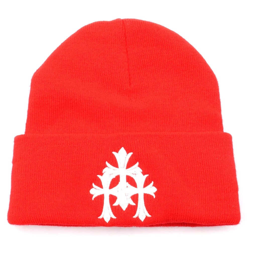 CHROME HEARTS(クロムハーツ) Triple Cross Beanie トリプル クロス ビーニー ニット帽 ロゴ刺繍 セメタリークロス レッド