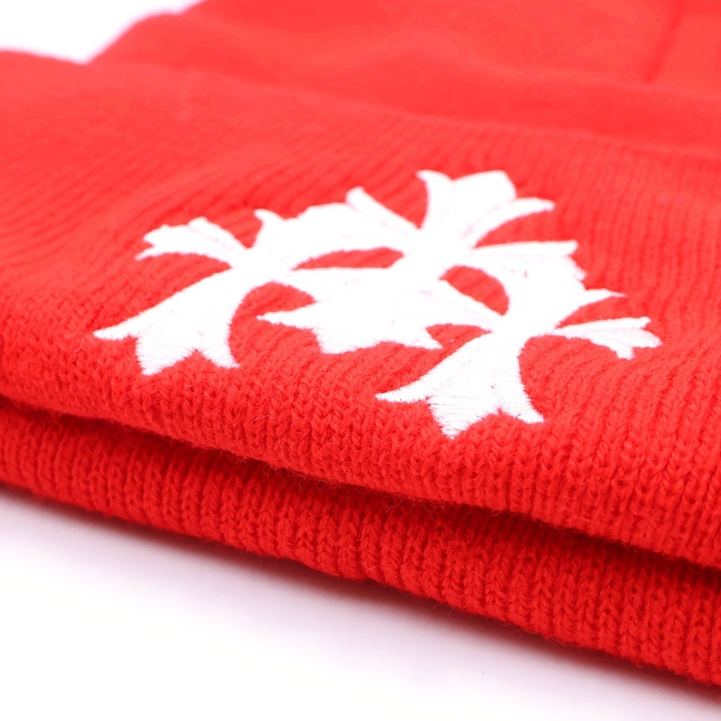 CHROME HEARTS(クロムハーツ) Triple Cross Beanie トリプル クロス ビーニー ニット帽 ロゴ刺繍 セメタリークロス レッド