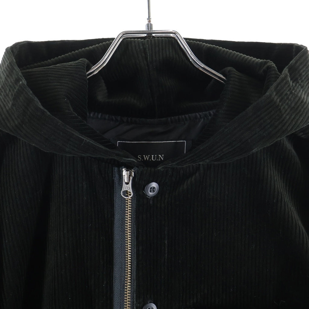 NO BRAND(ノーブランド) 【S.W.U.N】スワン バックロゴデザイン ジップアップ コーデュロイ ジャケット ブラック