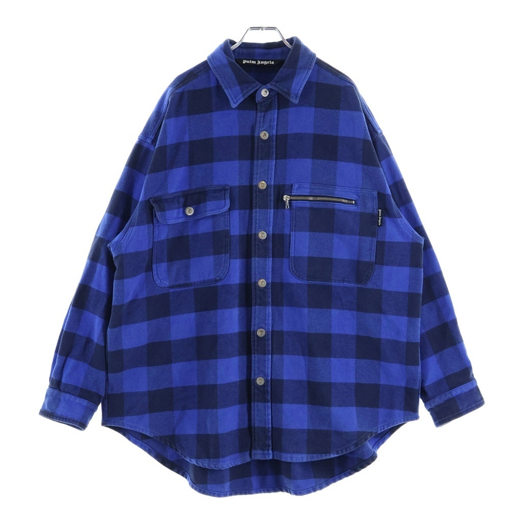 Palm Angels(パームエンジェルス) 22AW Check Patterned Buttoned Overshirt オーバーサイズ長袖チェックシャツ ブルー PMGA109S22FAB001