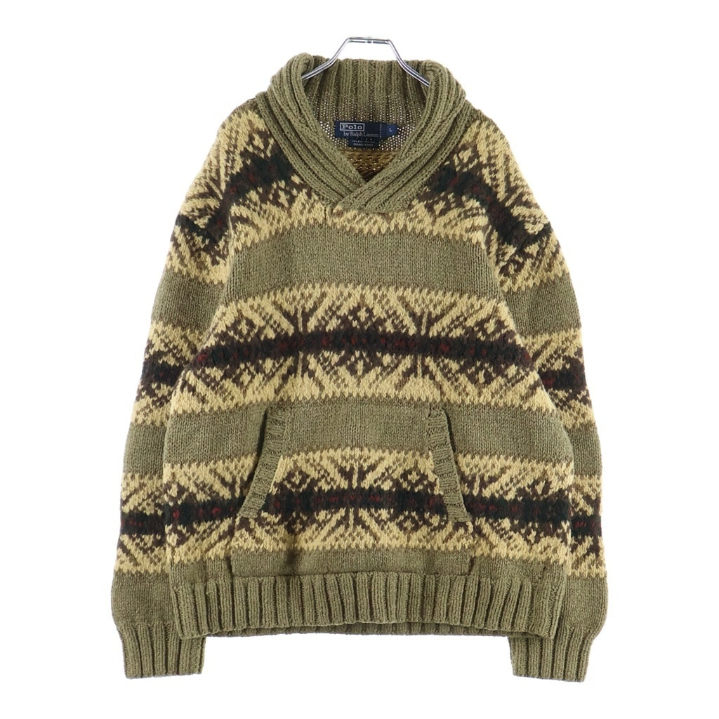POLO RALPH LAUREN(ポロラルフローレン) 90S VINTAGE ヴィンテージ ネイティブ柄 ショールカラー ウール ニット セーター カーキ