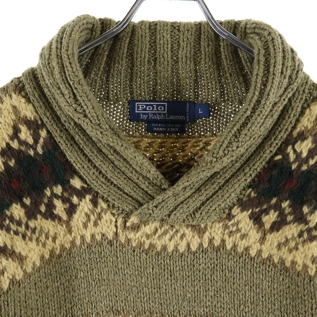 POLO RALPH LAUREN(ポロラルフローレン) 90S VINTAGE ヴィンテージ ネイティブ柄 ショールカラー ウール ニット セーター カーキ