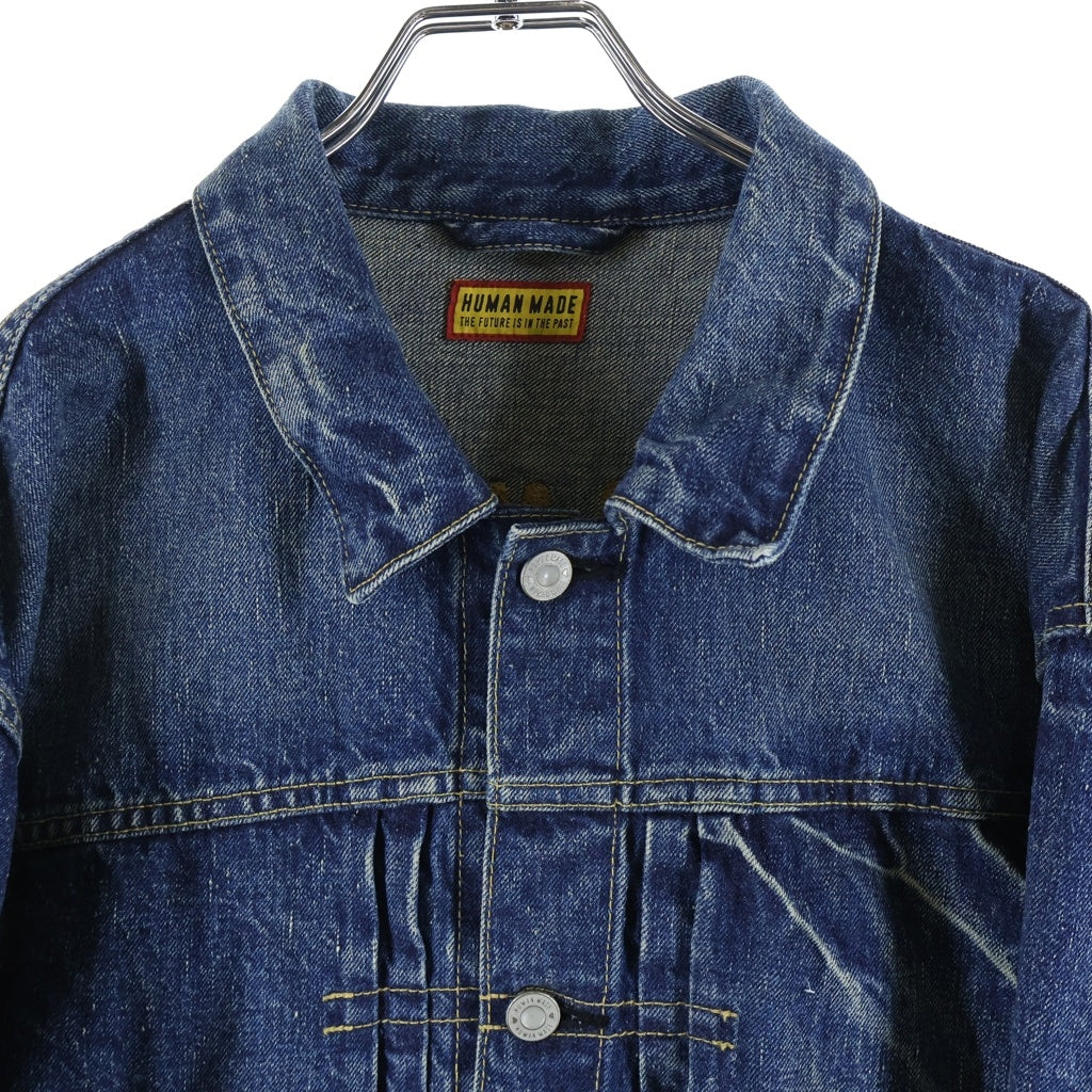 HUMAN MADE(ヒューマンメイド) 1ST DENIM WORK JACKET FUTURE バックロゴエンブロイダリーデザイン ウォッシュ加工 デニム トラッカー ジャケット インディゴ HM30JK002