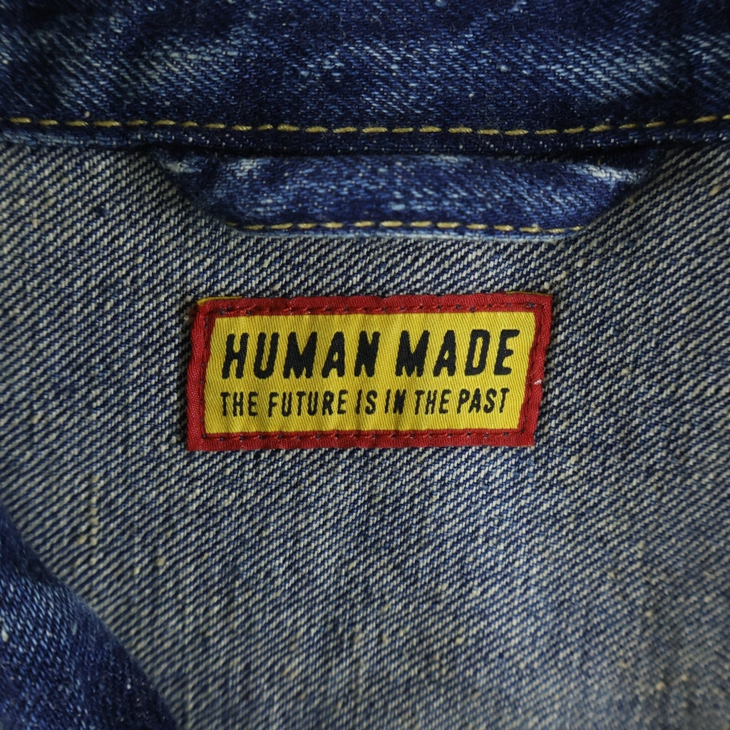 HUMAN MADE(ヒューマンメイド) 1ST DENIM WORK JACKET FUTURE バックロゴエンブロイダリーデザイン ウォッシュ加工 デニム トラッカー ジャケット インディゴ HM30JK002