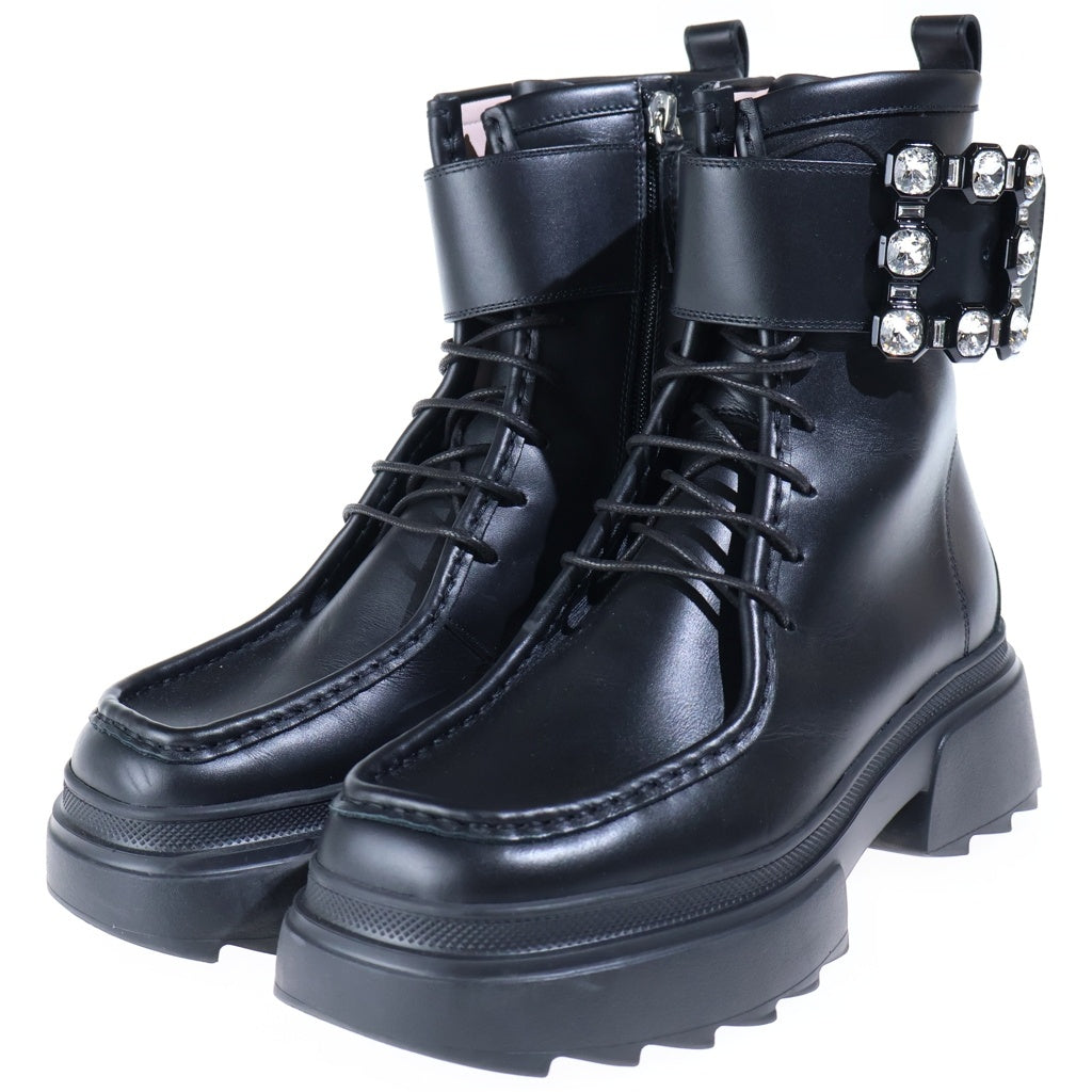 Roger Vivier(ロジェヴィヴィエ) サイドビジュー装飾 レースアップ レザー アンクルブーツ ブラック レディース