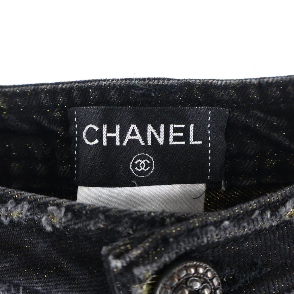 CHANEL(シャネル) CC Black Denim Pants ココマーク刺繍 ゴールドラメ入り デニムパンツ ブラック P39554V28706 レディース