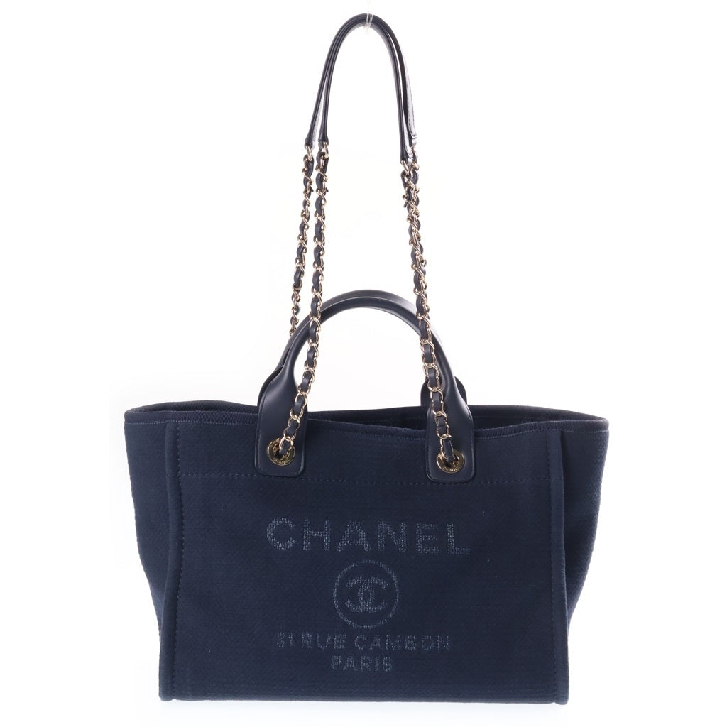 CHANEL(シャネル) ドーヴィルMM 2WAYハンドバッグ ショルダーバッグ ネイビー キャンバス×レザー プレートシリアル AS3257 ゴールド金具 レディース