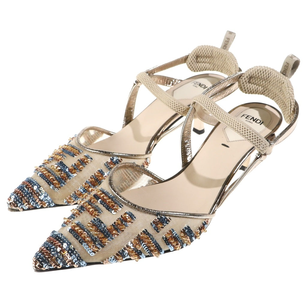FENDI(フェンディ) スリングバックヒールパンプス シューズ スパンコール メタリックローヒール ベージュ レディース