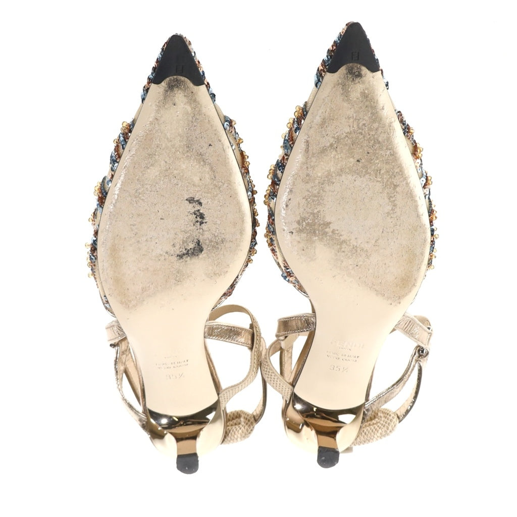 FENDI(フェンディ) スリングバックヒールパンプス シューズ スパンコール メタリックローヒール ベージュ レディース