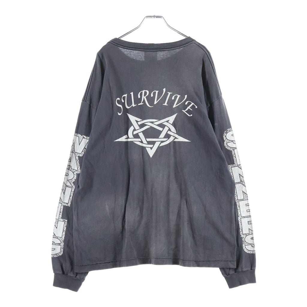 SAINT MICHAEL(セントマイケル) 23AW LS TEE SURVIVE ヴィンテージ加工 グラフィックプリント 長袖Tシャツ ロンT チャコールグレー SM-A23-0000-006