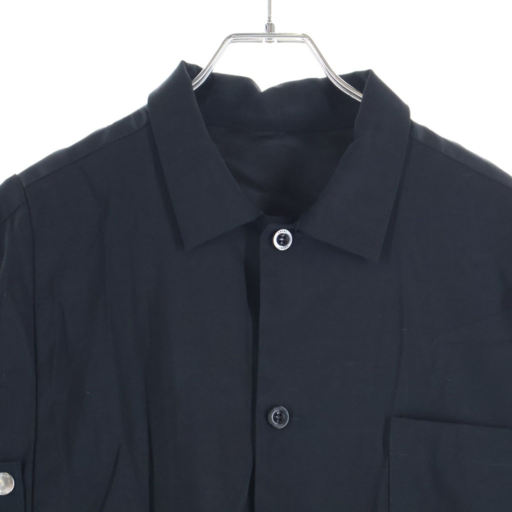 Sacai(サカイ) 26SS Wool Suiting x Nylon Twill Shirt 再構築 ウール スーチング ナイロンツイル ドッキング 半袖シャツ ブラック 26-04011M