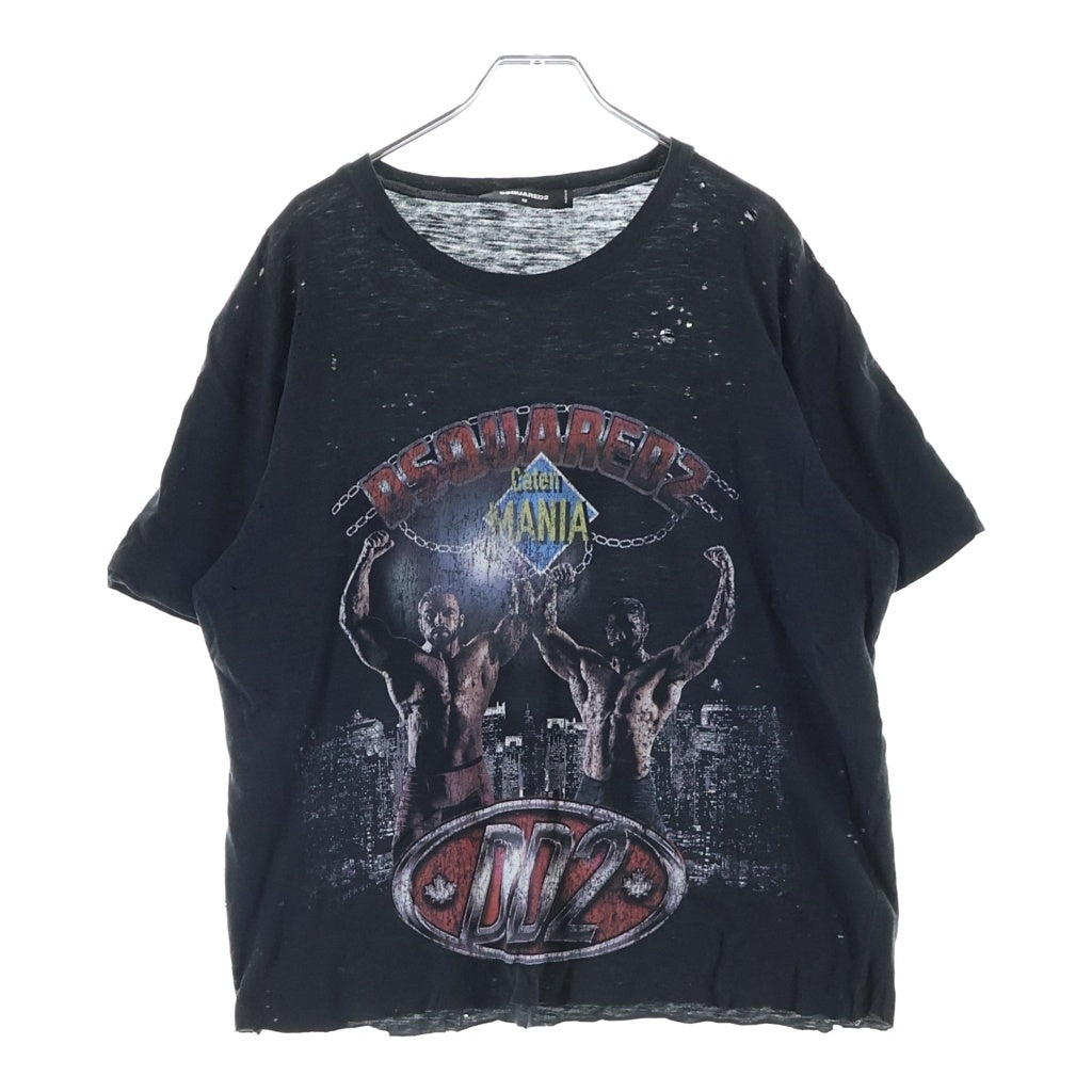 DSQUARED2(ディースクエアード) SUPERVINTAGE DYED CIGARETTE FIT スーパーヴィンテージ ダイド シガレット フィット フロントプリント ダメージ加工 クルーネック 半袖カットソー Tシャツ ブラック