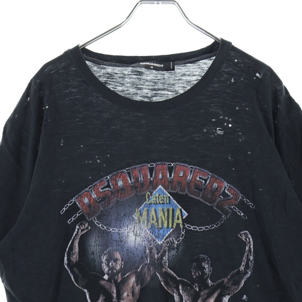 DSQUARED2(ディースクエアード) SUPERVINTAGE DYED CIGARETTE FIT スーパーヴィンテージ ダイド シガレット フィット フロントプリント ダメージ加工 クルーネック 半袖カットソー Tシャツ ブラック