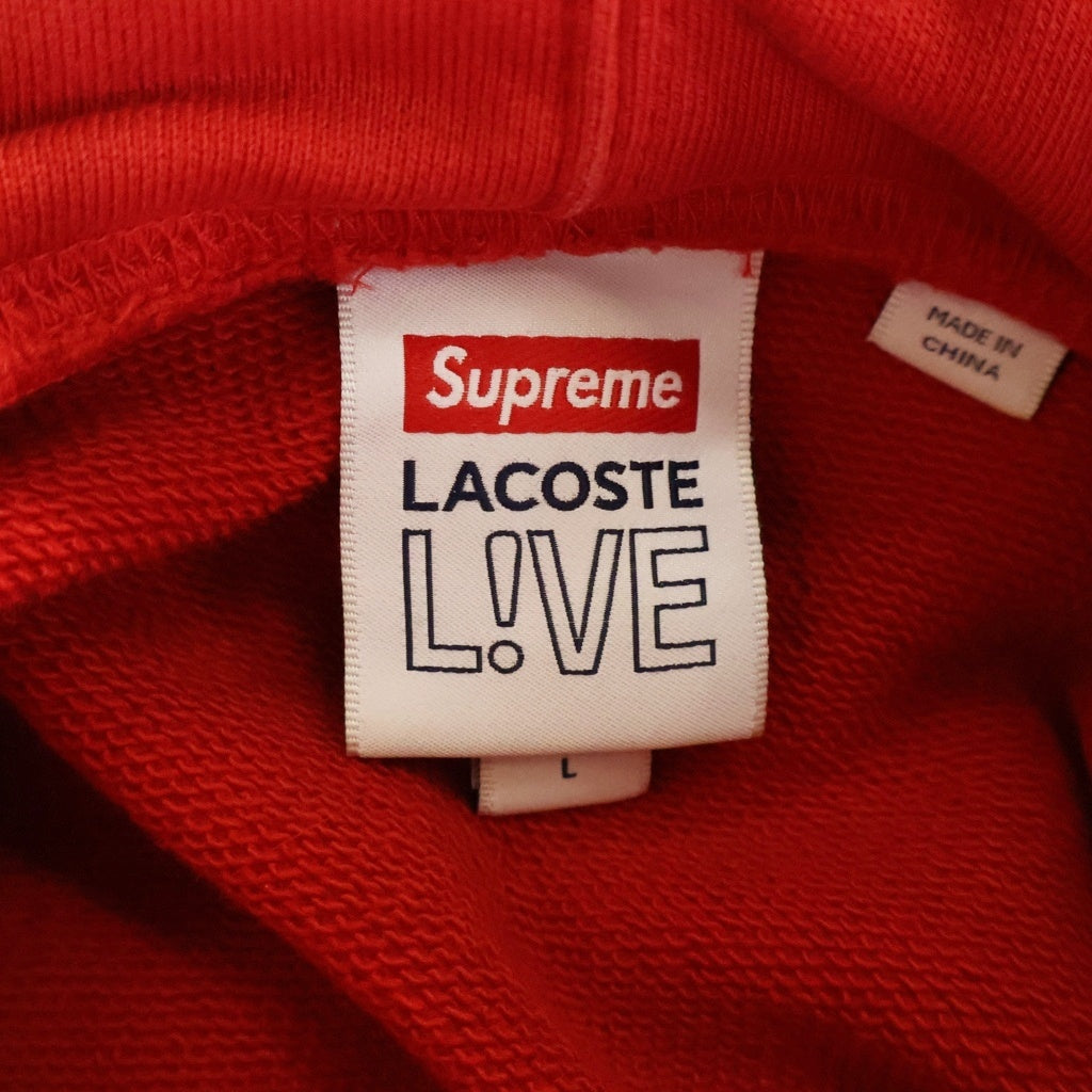 SUPREME(シュプリーム) 19AW ×LACOSTE Logo Panel Hooded Sweatshirt ラコステ ロゴ パネル フーデッド スウェットシャツ プルオーバーパーカー レッド/ホワイト