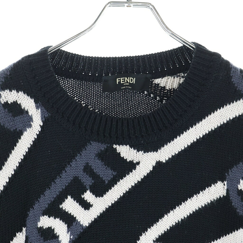 FENDI(フェンディ) 総柄 チェーンデザイン クルーネック ウール ニット セーター ブラック/ホワイト FZX085