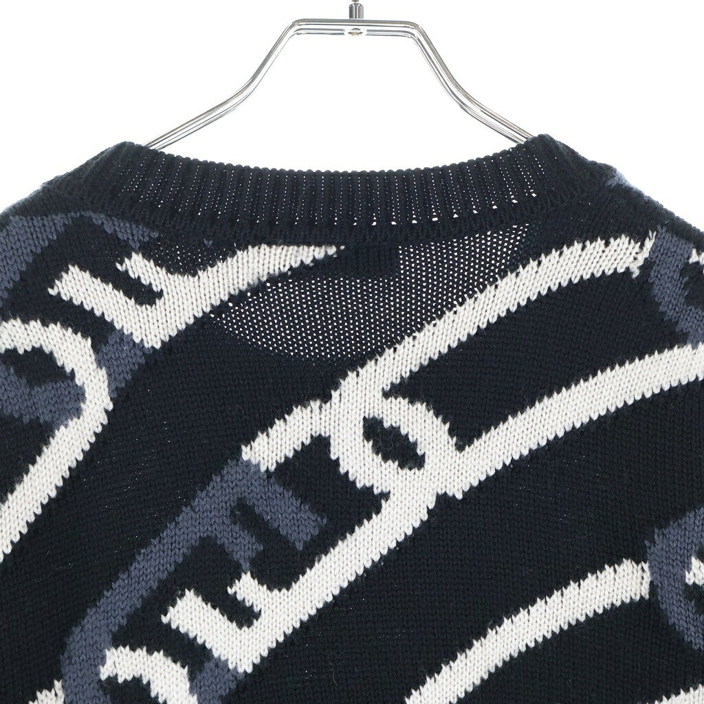 FENDI(フェンディ) 総柄 チェーンデザイン クルーネック ウール ニット セーター ブラック/ホワイト FZX085