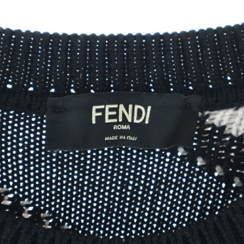 FENDI(フェンディ) 総柄 チェーンデザイン クルーネック ウール ニット セーター ブラック/ホワイト FZX085