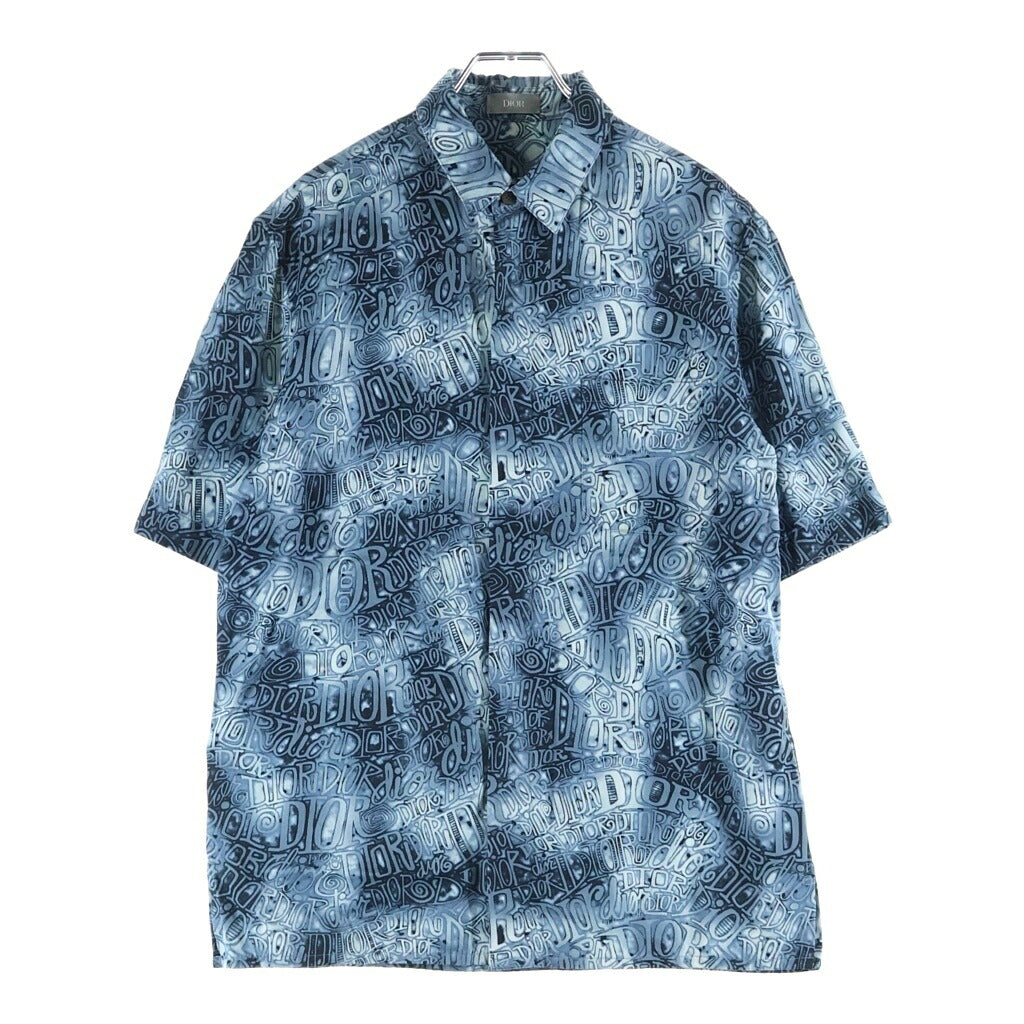 Dior HOMME(ディオールオム) 20AW ×SHAWN STUSS ショーンステューシー ロゴ総柄デザイン ワイドカラー ボタン 半袖シャツ ブルー/ホワイト 033C514A4932