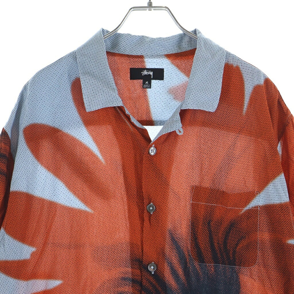STUSSY(ステューシー) HALFTONE FLOWER ボタンフライ オープンカラー フロントプリント 半袖カットソー シャツ ブルー/レッド 1110230