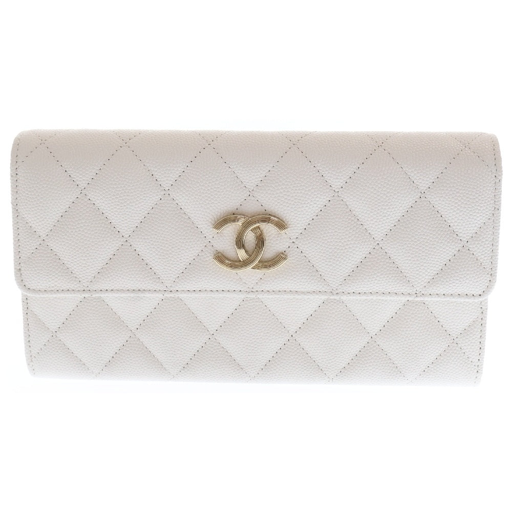 CHANEL(シャネル) マトラッセ 二つ折り長財布 ロングウォレット ホワイト キャビアスキン ゴールド金具 AP3133