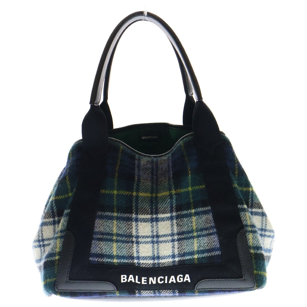 BALENCIAGA(バレンシアガ) NAVY CABAS ネイビーカバス ポーチ付 チェック柄 ロゴ ハンドバッグ ブラック×グリーン 33933