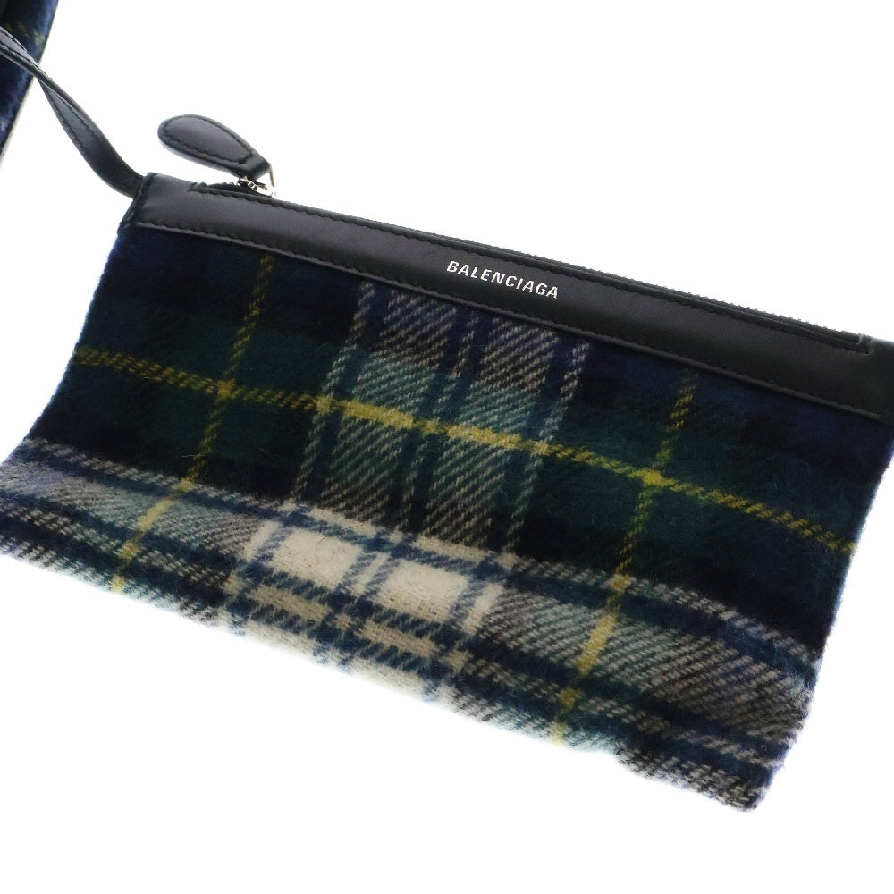 BALENCIAGA(バレンシアガ) NAVY CABAS ネイビーカバス ポーチ付 チェック柄 ロゴ ハンドバッグ ブラック×グリーン 33933