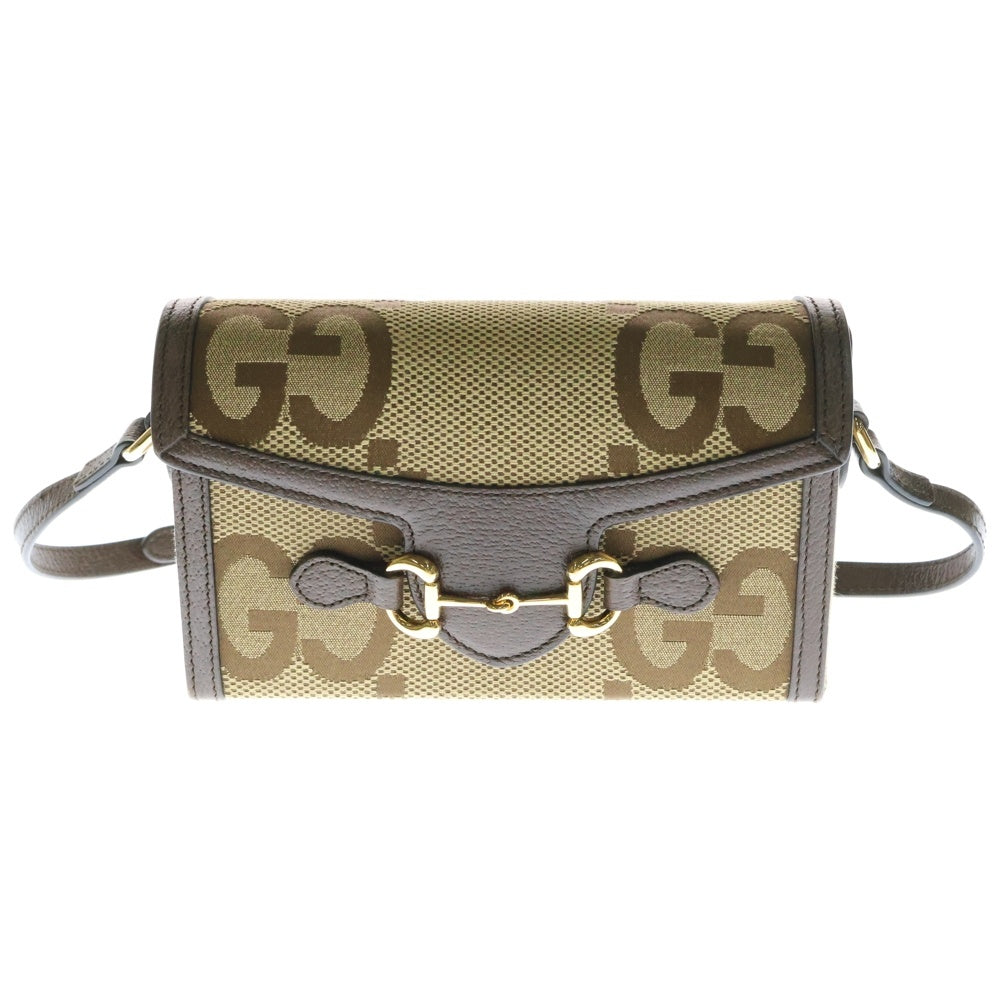 GUCCI(グッチ) 1955 ジャンボGG キャンバス ホースビット レザー切替ショルダーバッグ ブラウン 699296