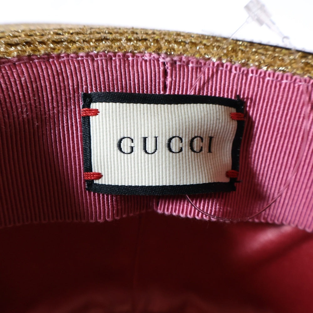 GUCCI(グッチ) パピエハット ラメファブリック ゴールド×ベージュ バケットハット ラフィア