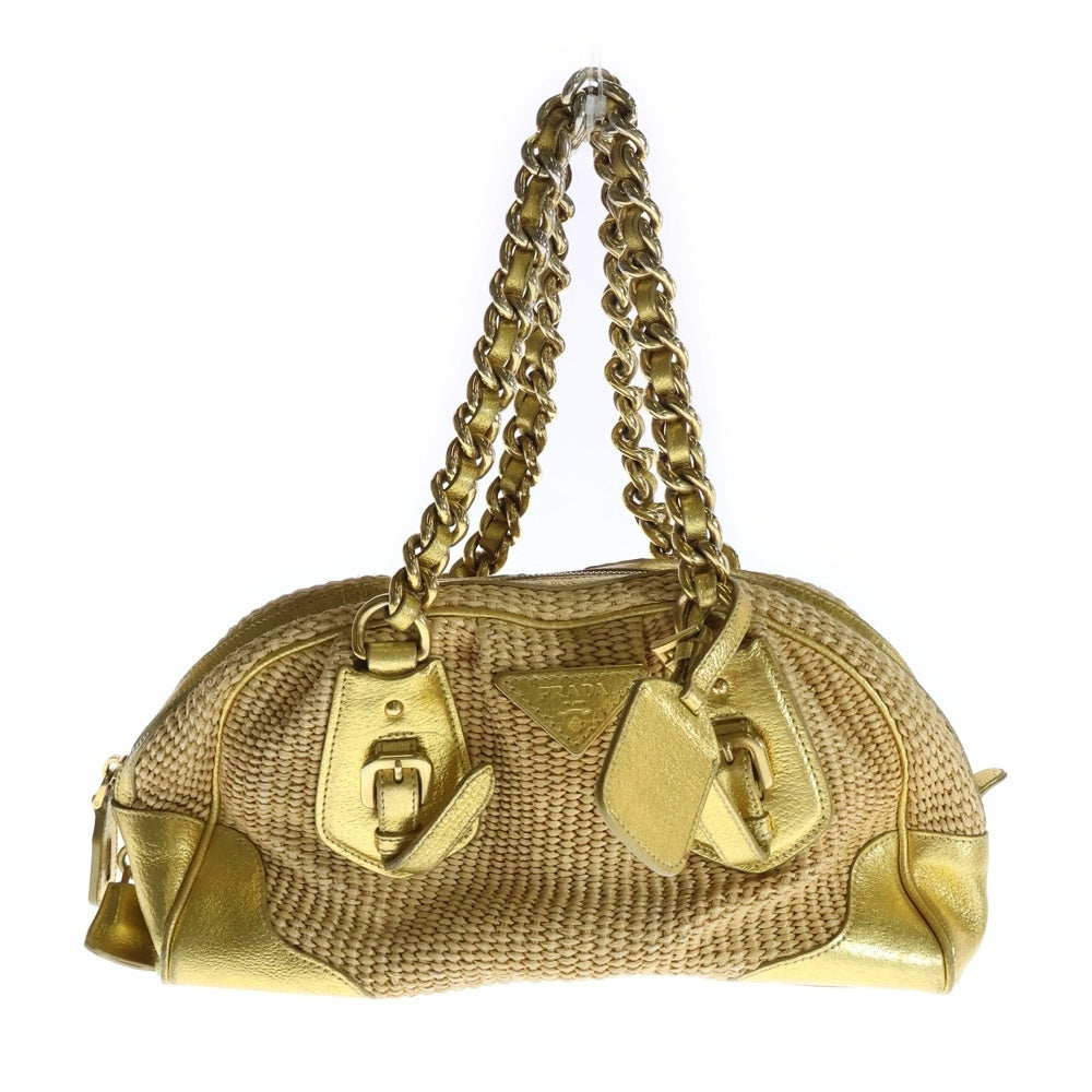 PRADA(プラダ) ストローゴールドチェーンバッグ ハンドバッグ ベージュ×ゴールド ラフィア×レザー ゴールド金具 BR3692