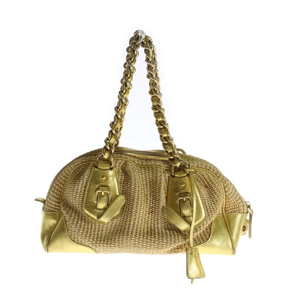 PRADA(プラダ) ストローゴールドチェーンバッグ ハンドバッグ ベージュ×ゴールド ラフィア×レザー ゴールド金具 BR3692