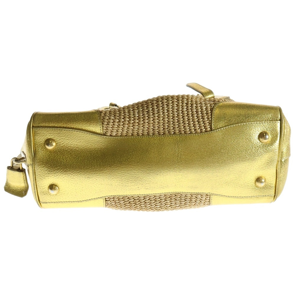 PRADA(プラダ) ストローゴールドチェーンバッグ ハンドバッグ ベージュ×ゴールド ラフィア×レザー ゴールド金具 BR3692