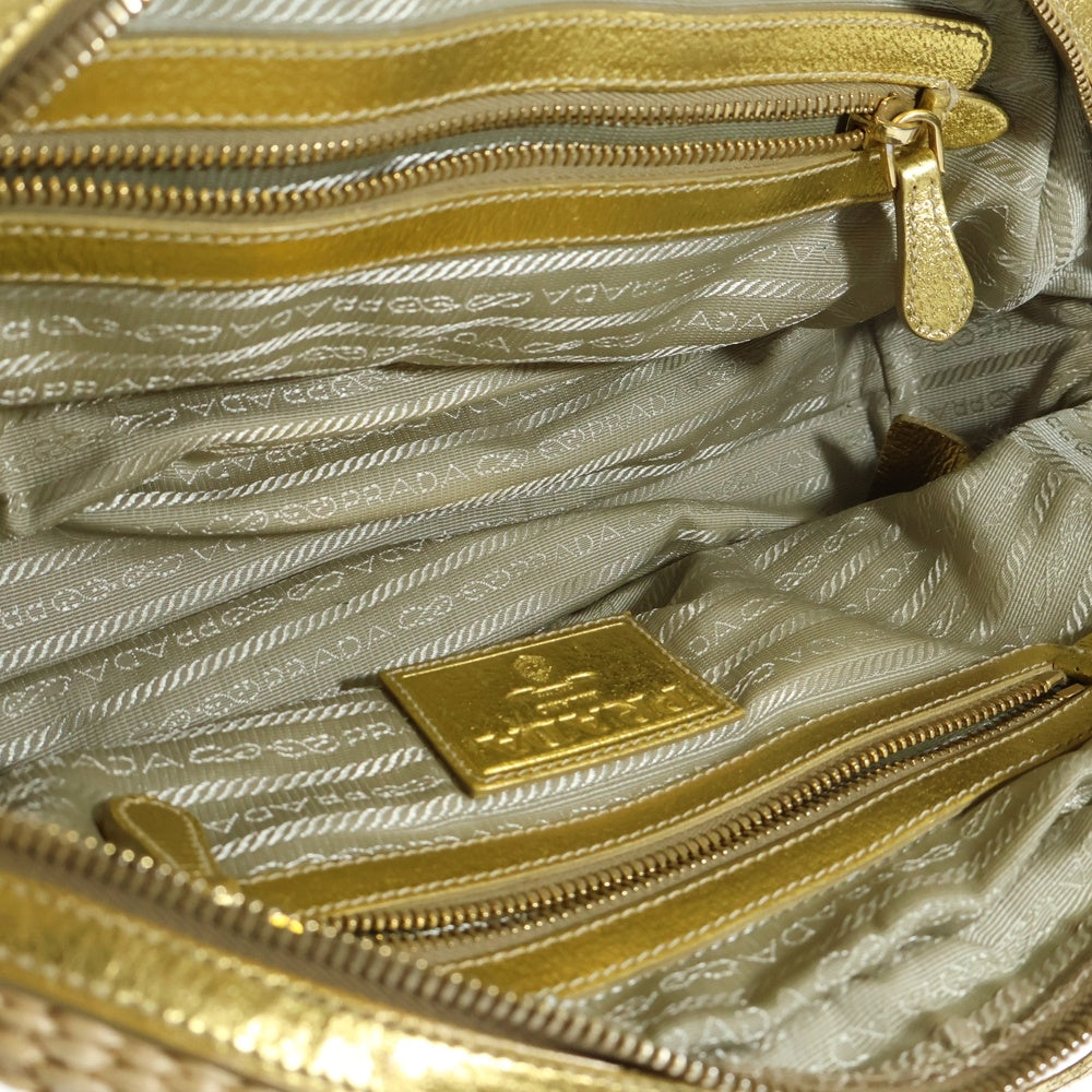 PRADA(プラダ) ストローゴールドチェーンバッグ ハンドバッグ ベージュ×ゴールド ラフィア×レザー ゴールド金具 BR3692