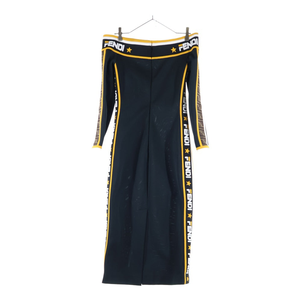 FENDI(フェンディ) 18AW ×FILA フィラ ズッカ柄 ロゴ ジャガード ライン ジャージー オフショルダー ワンピース ドレス ブラック/イエロー レディース FD9864