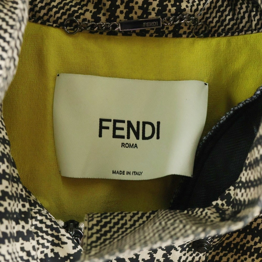 FENDI(フェンディ) ガンクラブチェック 千鳥 総柄プリント コットン フーデッド ジップアップ ロングジャケット コート ベージュ/イエロー レディース FF8275