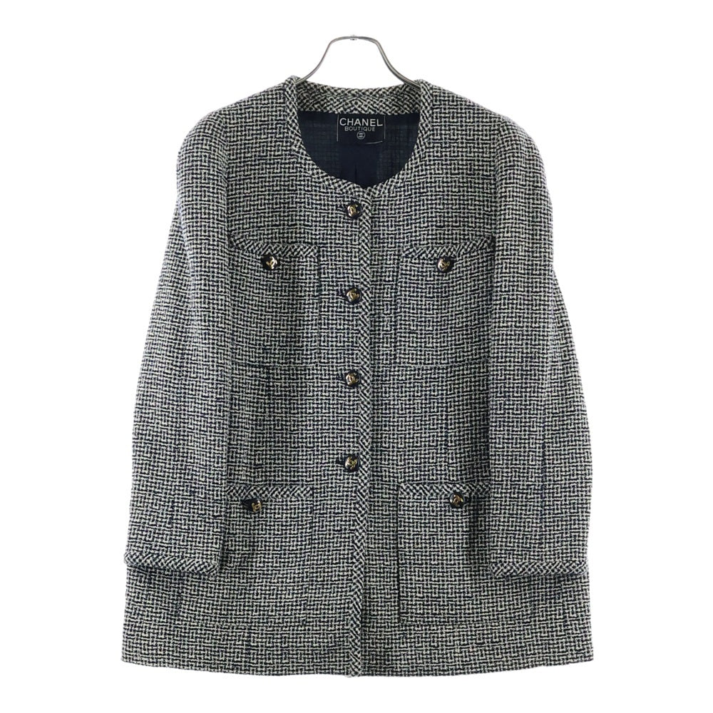 CHANEL(シャネル) ココマークボタン ファンシーツイード ノーカラー ジャケット ネイビー/ベージュ レディース