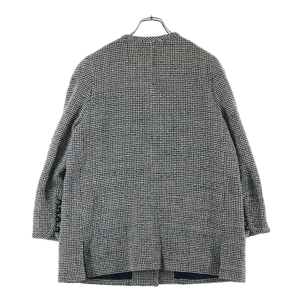 CHANEL(シャネル) ココマークボタン ファンシーツイード ノーカラー ジャケット ネイビー/ベージュ レディース