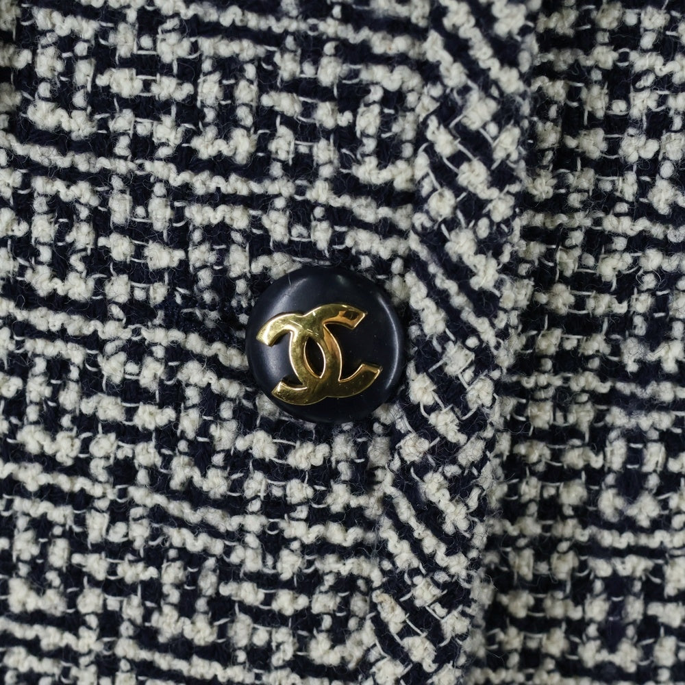 CHANEL(シャネル) ココマークボタン ファンシーツイード ノーカラー ジャケット ネイビー/ベージュ レディース
