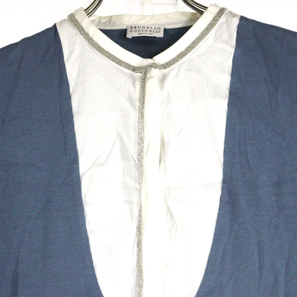 BRUNELLO CUCINELLI(ブルネロクチネリ) ネックベルトデザイン コットン ニット切り替え ブラウス トップス ブルー/ホワイト レディース