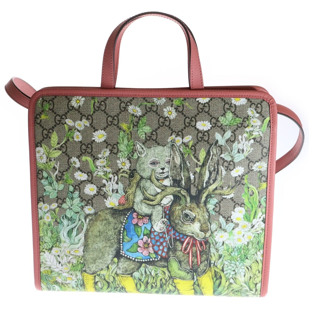 GUCCI(グッチ) ×ヒグチユウコ GGスプリーム チルドレンズ ニャンコとアノマロ PVC レザー 2WAY ハンド ショルダートートバッグ シルバー金具 ベージュ/ピンク 612992