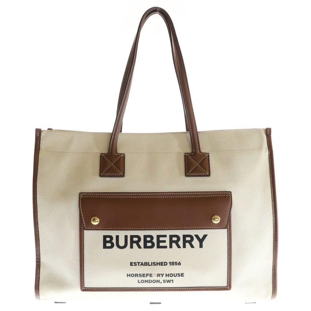 BURBERRY(バーバリー) フレヤトートバッグ ハンドバッグ ミディアム アイボリー×ブラウン レザー×キャンバス ゴールド金具