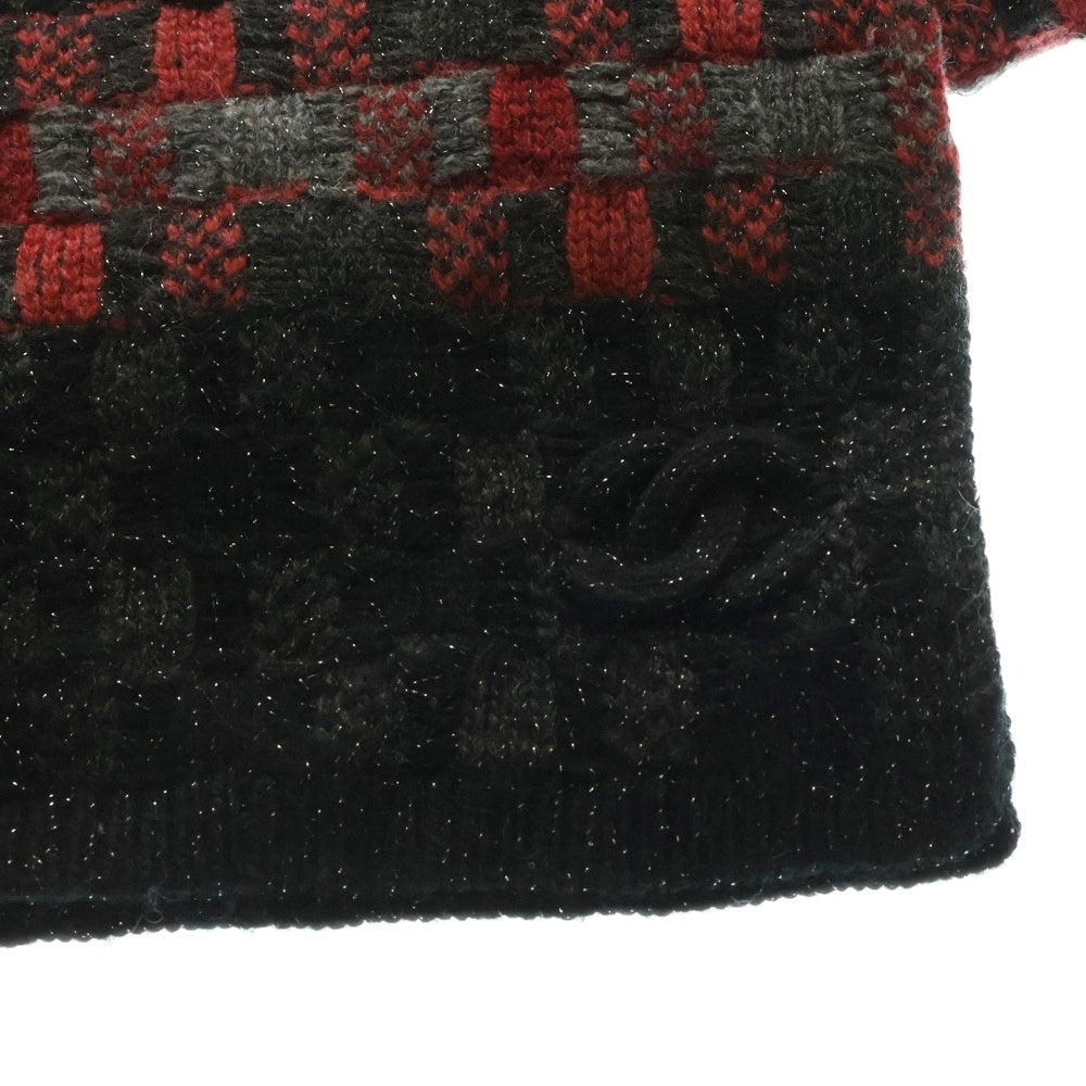 CHANEL(シャネル) ココマーク ラメジャガード ボーダー総柄 カシミヤニット マフラー レッド/ブラック
