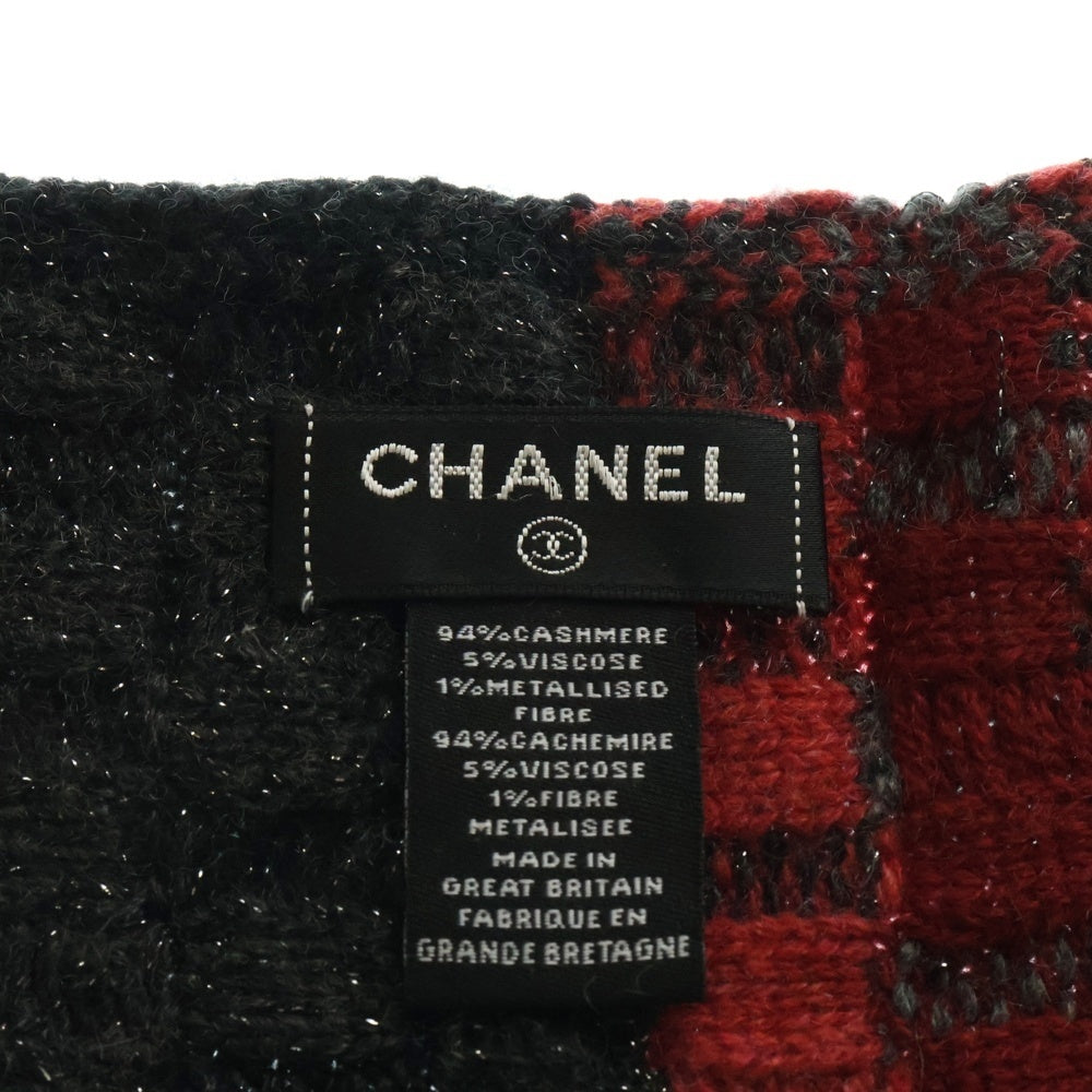 CHANEL(シャネル) ココマーク ラメジャガード ボーダー総柄 カシミヤニット マフラー レッド/ブラック