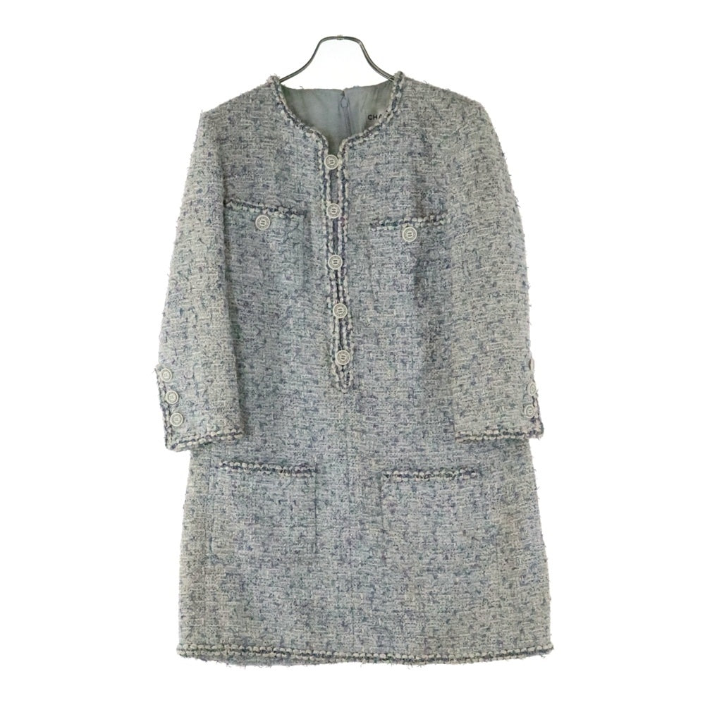 CHANEL(シャネル) ココマークボタン ルサージュ ファンシーツイード バックファスナー ワンピース ドレス ホワイト/ブルー レディース P60284V45762