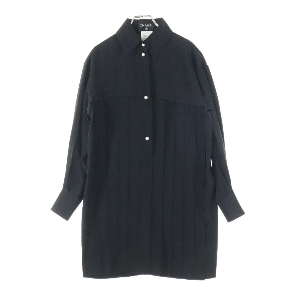 CHANEL(シャネル) ロゴ パールボタン シルク プリーツ ロングスリーブ 長袖 シャツ ワンピース ブラック P45967V12320