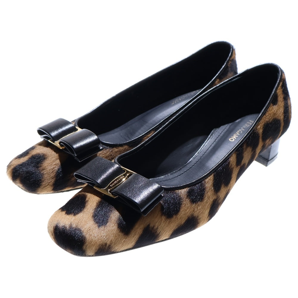 FERRAGAMO(フェラガモ) ロゴ ハラコレザー レオパードヒールパンプス ブラック/ベージュ レディース