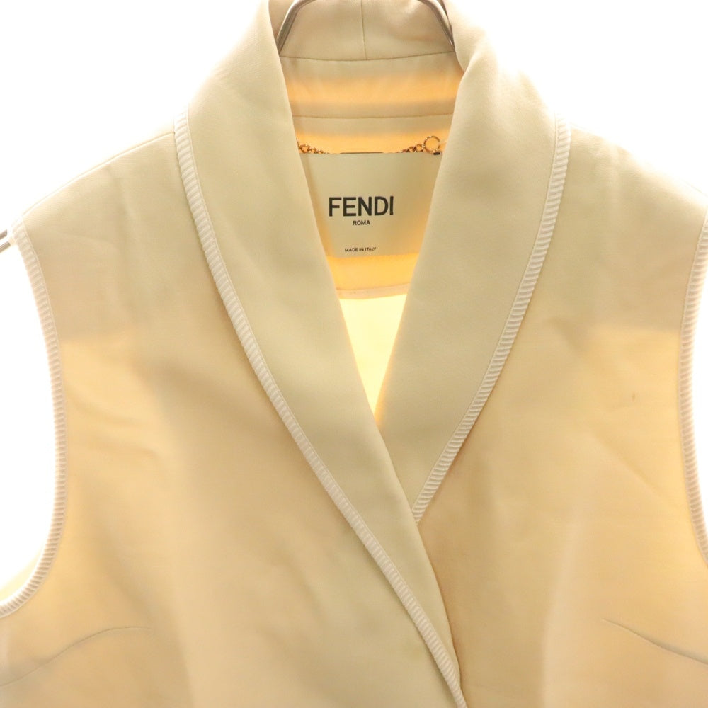 FENDI(フェンディ) 16AW レザー フラワーコサージュ ノースリーブ ショールカラー ロング テーラードジャケット ベスト ベージュ レディース FF8319 46R