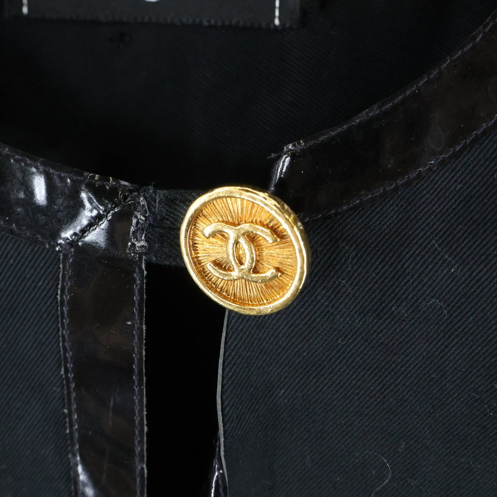 CHANEL(シャネル) ココマークボタン パテントレザー パイピング ノーカラー コットンジャケット ブラック