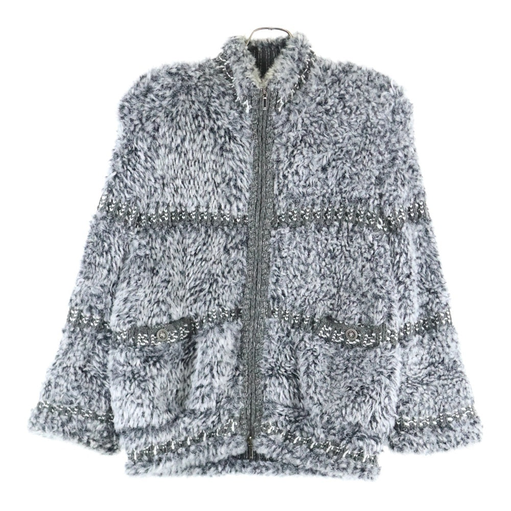 CHANEL(シャネル) ココマーク ライオンボタン アンゴラ カシミヤ混 ファー ツイード ジップアップ ボア ジャケット ブルゾン グレー P49986K06373