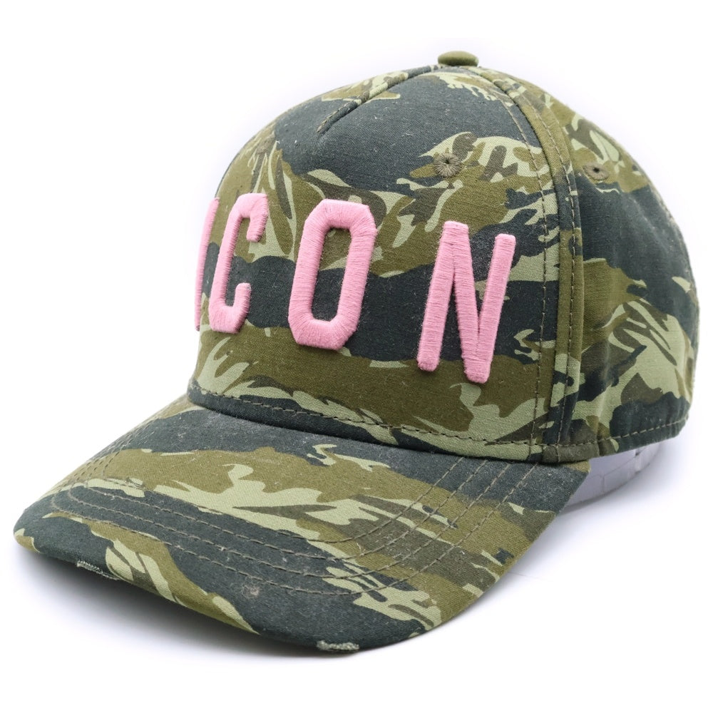 DSQUARED2(ディースクエアード) ICON ロゴ刺繍 カモフラ 迷彩総柄 コットン 5パネル ベースボールキャップ 帽子 カーキ SJ16801581SS19